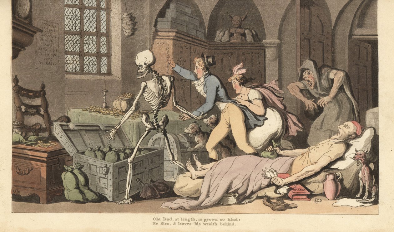 La muerte guía a los niños codiciosos al cofre de oro de un avaro, que yace muerto en una cama agarrando un testamento y una bolsa de dinero. Grabado en cobre coloreado a mano dibujado y grabado por Thomas Rowlandson de The English Dance of Death de Thomas Rowlandson
