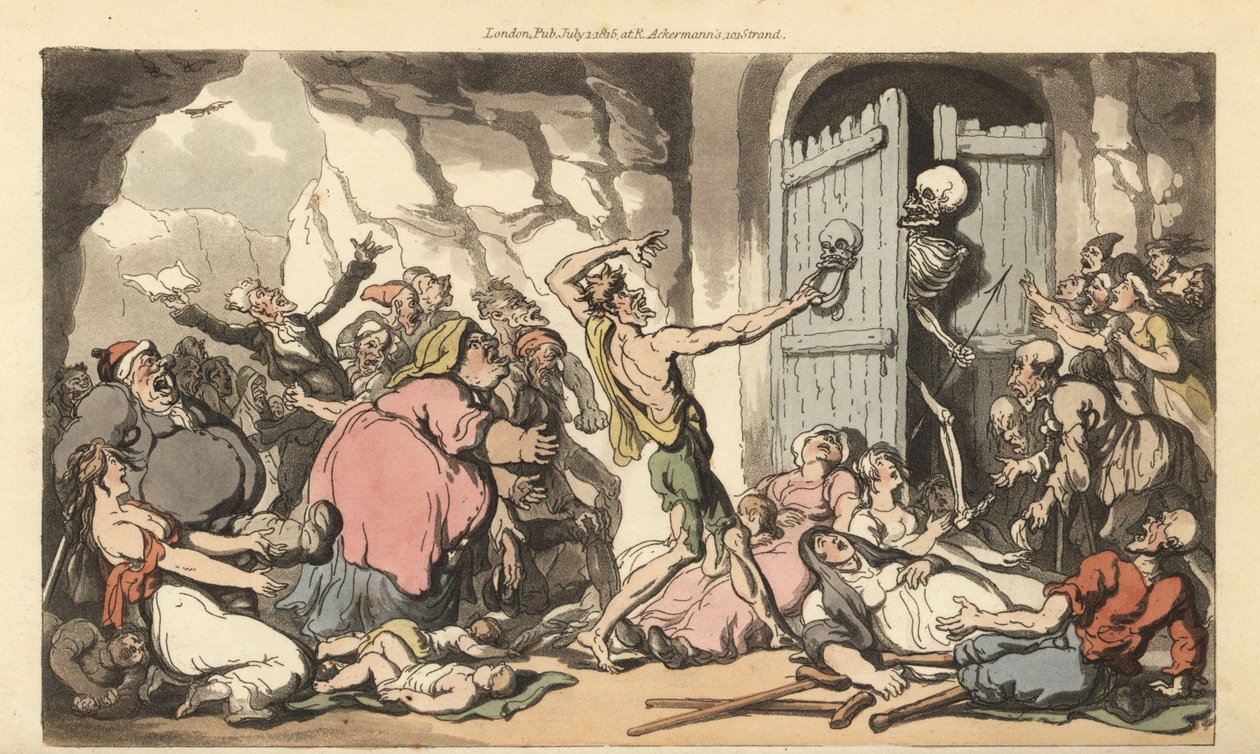La muerte mira desde detrás de la puerta de la muerte, para ver a la multitud de obesos, cojos, lisiados, ancianos y locos esperando ser liberados de los tormentos de la vida. Grabado en cobre coloreado a mano dibujado y grabado por Thomas Rowlandson de Th de Thomas Rowlandson