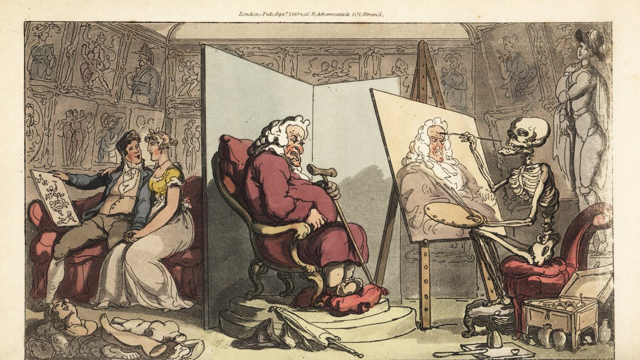 El esqueleto de la Muerte pinta un retrato de un concejal, mientras su joven sirvienta coquetea con un artista galante detrás de la pantalla. Grabado en cobre coloreado a mano dibujado y grabado por Thomas Rowlandson de The English Dance of Death, Ackerman de Thomas Rowlandson
