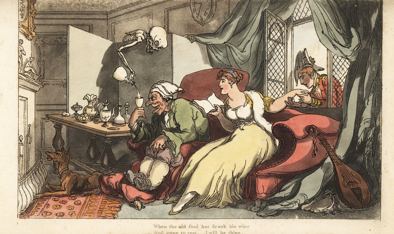 El esqueleto de la Muerte vierte una copa fatal de vino para el viejo tonto Sir Peter en su luna de miel, mientras su joven esposa Julia coquetea con el Mayor Henry en la ventana. Grabado en cobre coloreado a mano dibujado y grabado por Thomas Rowlandson d de Thomas Rowlandson