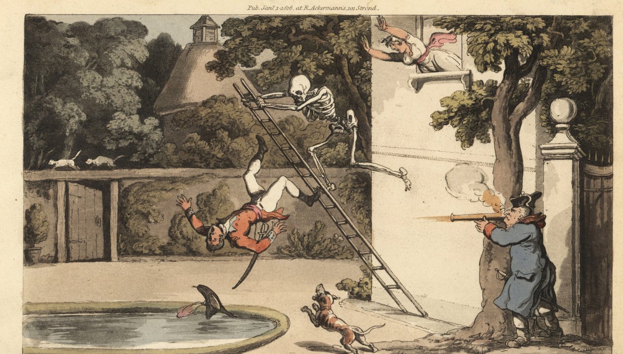 La muerte esqueleto empuja una escalera matando a un pretendiente galante mientras intenta fugarse con una belleza. El padre de la chica dispara un mosquete al hombre que cae. Grabado en cobre coloreado a mano por Thomas Rowlandson de The English Dance of  de Thomas Rowlandson