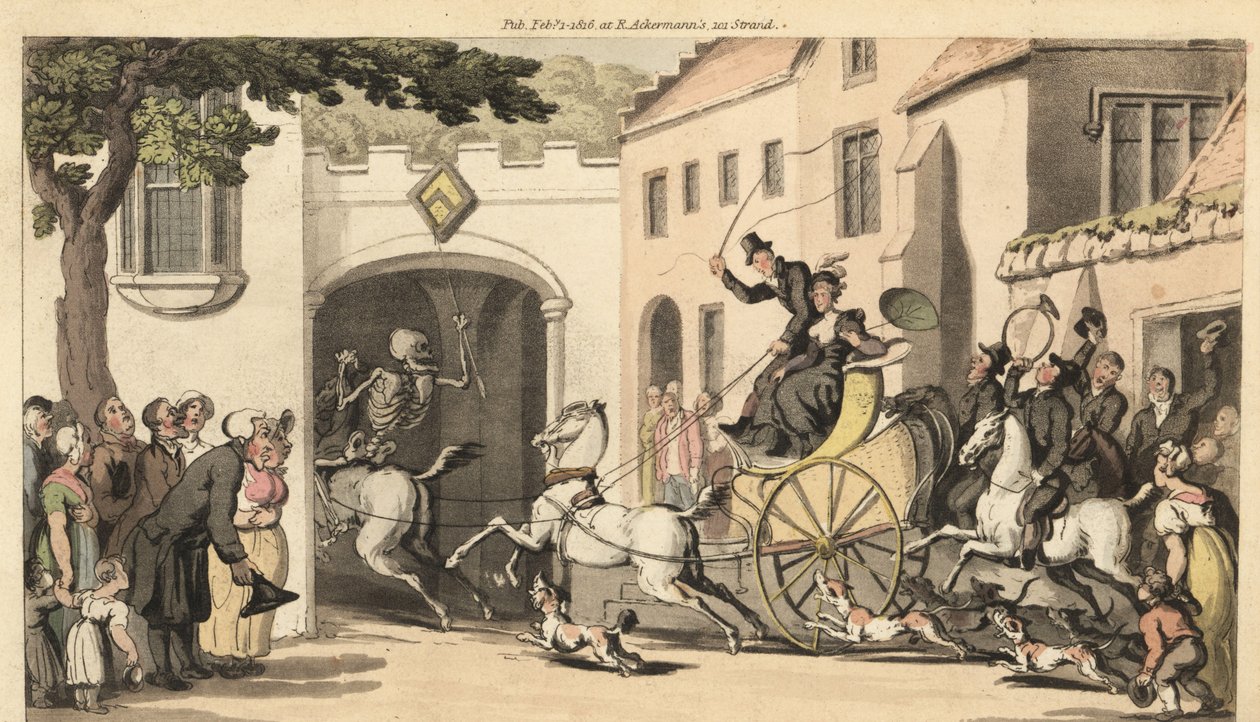 El esqueleto de la Muerte cabalga delante de un tándem alto llevando al próximo heredero a su destino bajo un arco bajo. Grabado en cobre coloreado a mano dibujado y grabado por Thomas Rowlandson de The English Dance of Death, Ackermann, Londres de Thomas Rowlandson