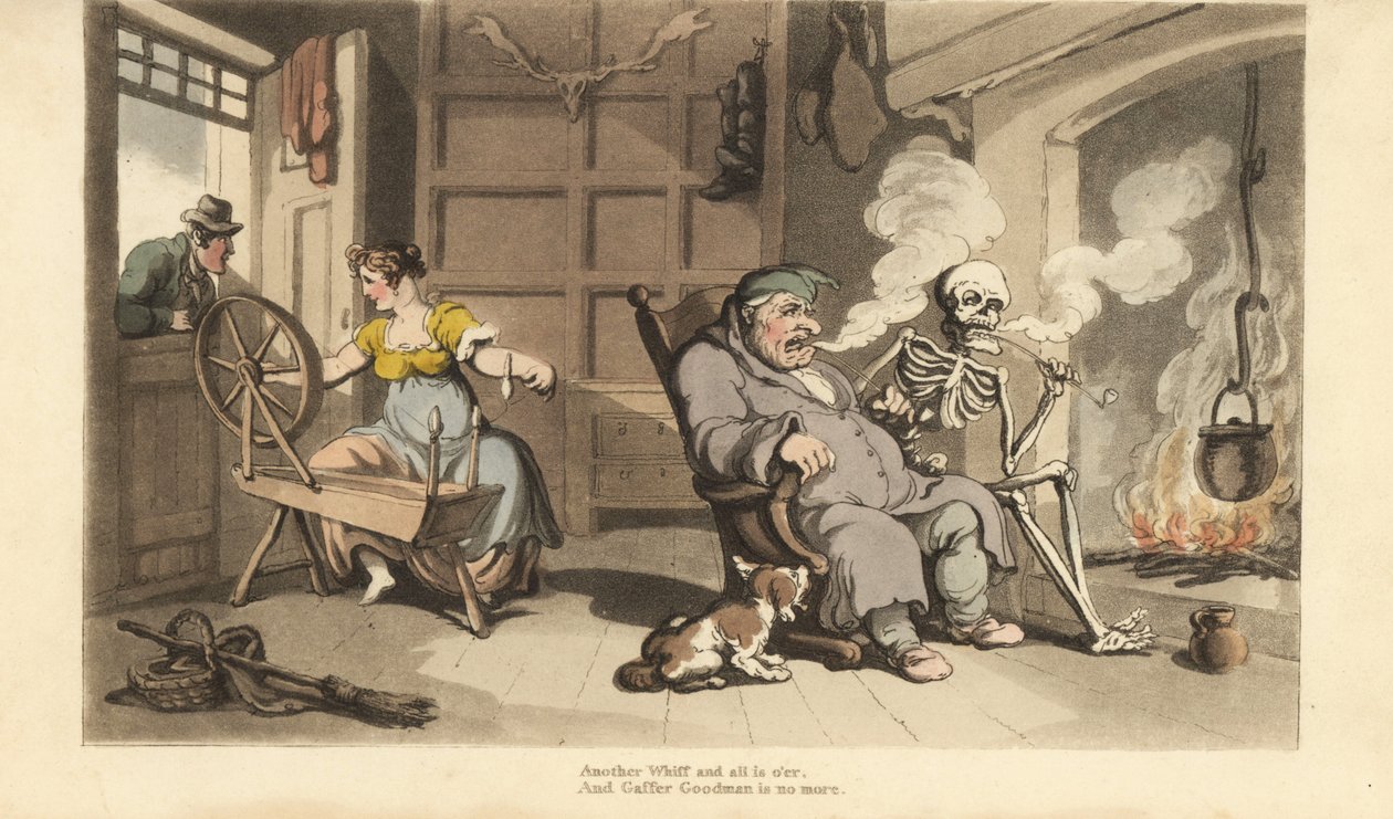 El esqueleto de la Muerte fuma una pipa junto al fuego con el viejo Gaffer Goodman, mientras su joven esposa es seducida por un pretendiente en la ventana. Grabado en cobre coloreado a mano dibujado y grabado por Thomas Rowlandson de The English Dance of D de Thomas Rowlandson
