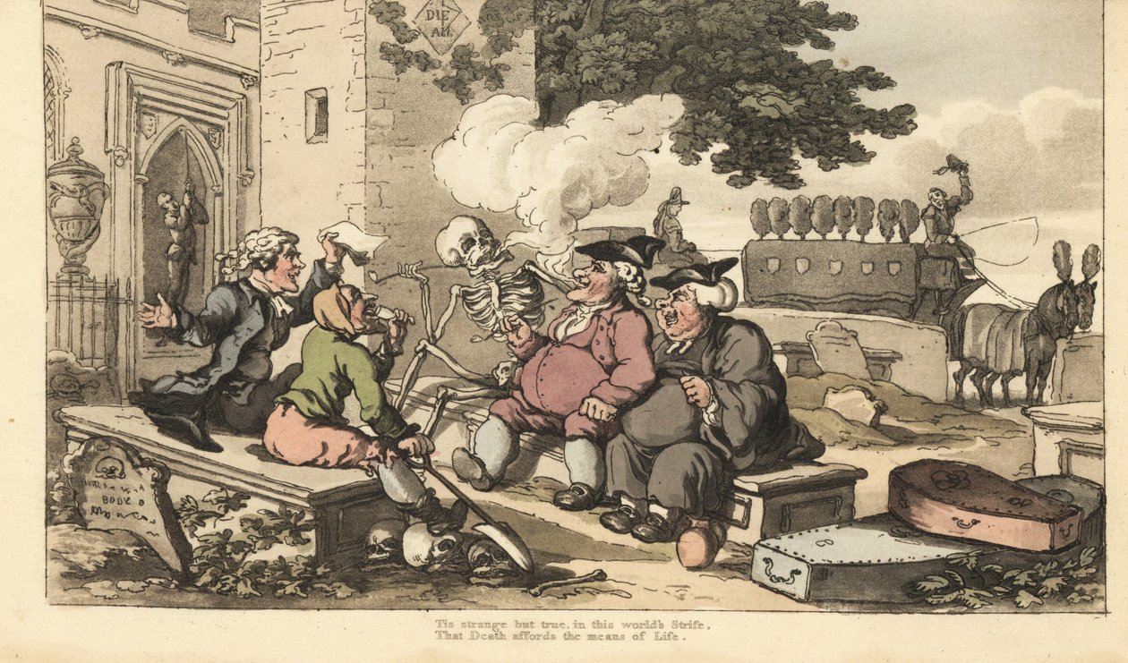 El esqueleto de la Muerte fuma una pipa sobre una lápida con hombres que viven de la muerte - sacerdote, sepulturero, empresario de pompas fúnebres, campanero, conductor de carroza fúnebre y abogado. The Churchyard Debate. Grabado en cobre coloreado a mano de Thomas Rowlandson