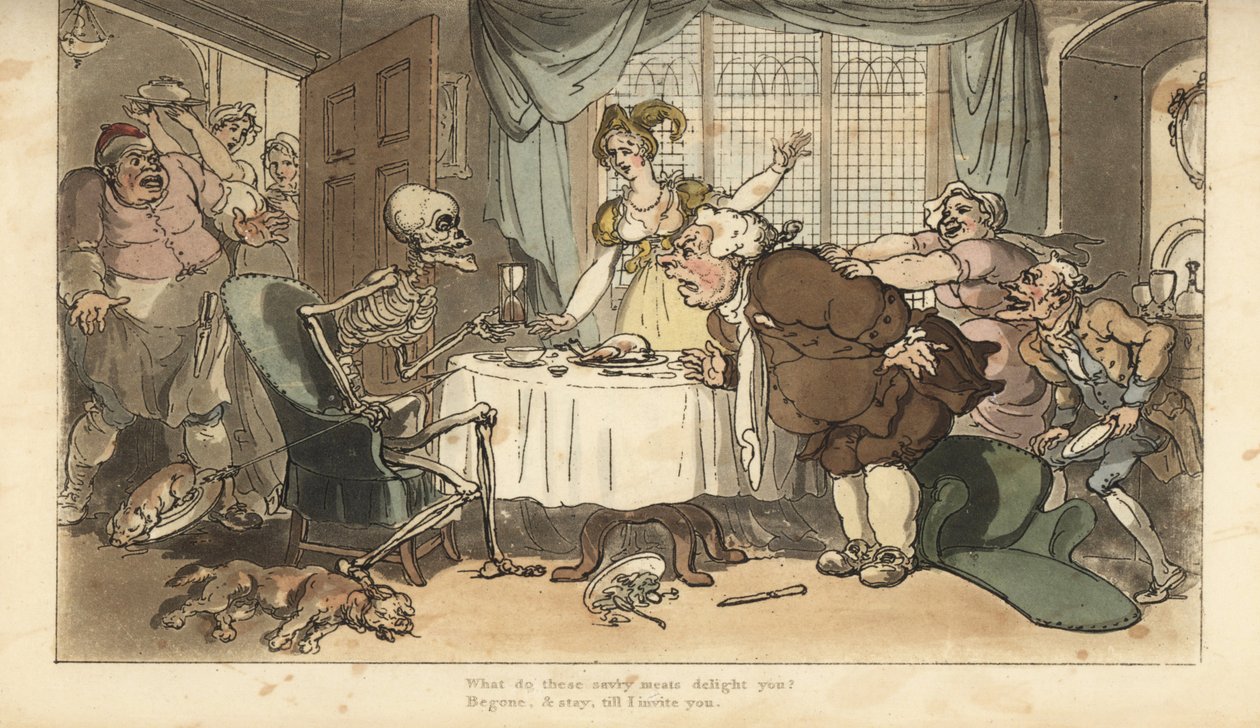 El esqueleto de la Muerte con dardo y reloj de arena viene por el glotón mientras festeja en la cena. Grabado en cobre coloreado a mano dibujado y grabado por Thomas Rowlandson de The English Dance of Death, Ackermann, Londres de Thomas Rowlandson