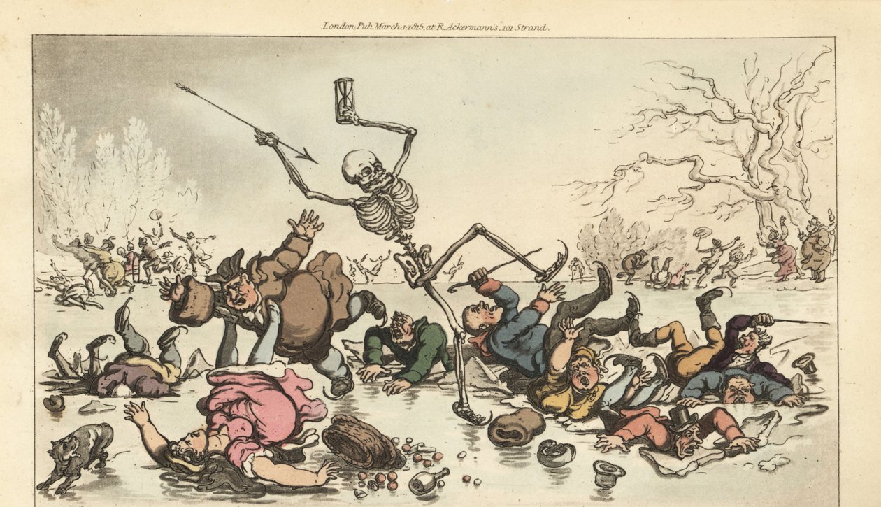 El esqueleto de la Muerte con dardo y reloj de arena patinando en un estanque congelado mientras otros patinadores caen a través del hielo roto. Grabado en cobre coloreado a mano dibujado y grabado por Thomas Rowlandson de The English Dance of Death, Acker de Thomas Rowlandson