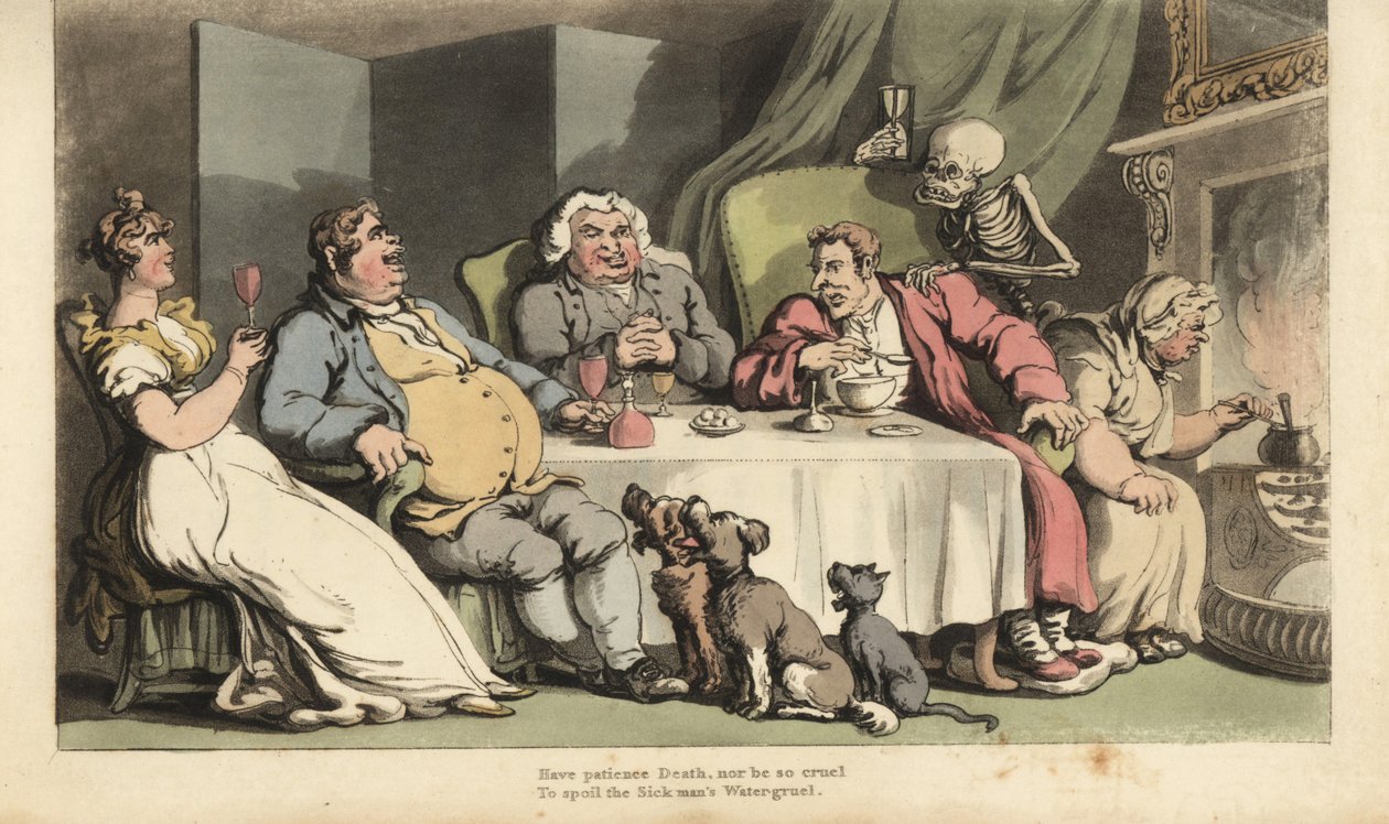 El esqueleto de la Muerte con reloj de arena viene por el hombre enfermo mientras come gachas en la mesa del comedor con sus amigos bebiendo frente a la chimenea de Thomas Rowlandson