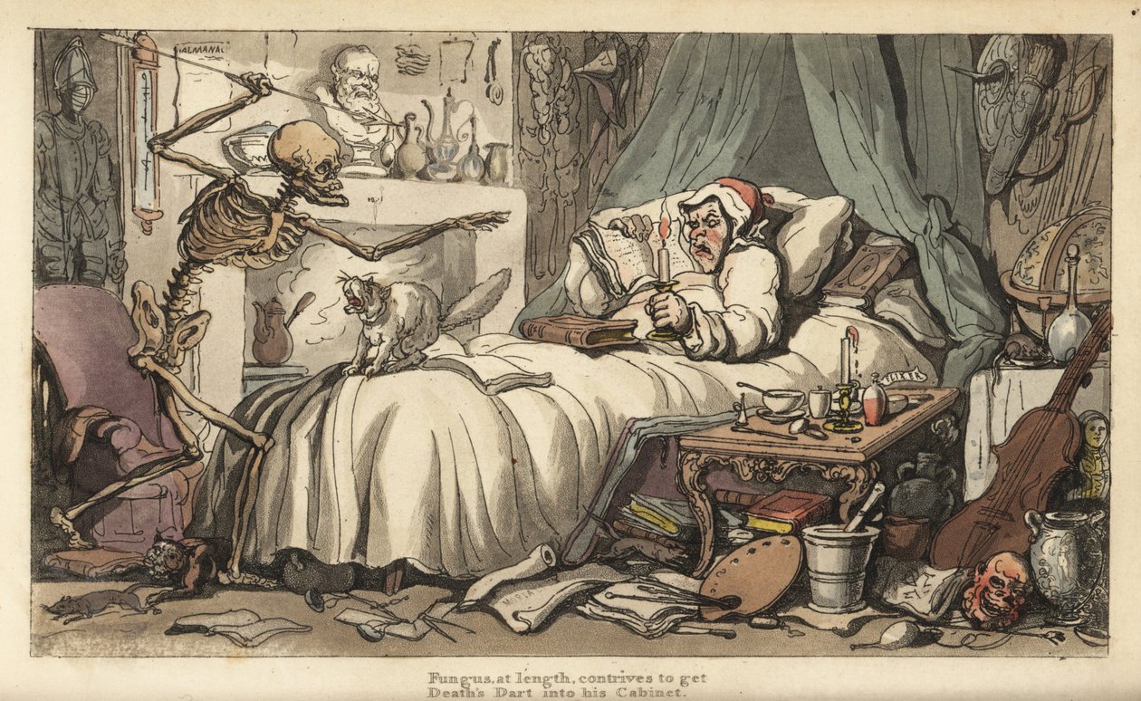 La muerte con el acumulador de antigüedades en un dormitorio lleno de instrumentos musicales, libros, manuscritos, armaduras, un globo, un busto, ratas, etc. (grabado de Thomas Rowlandson) de Thomas Rowlandson