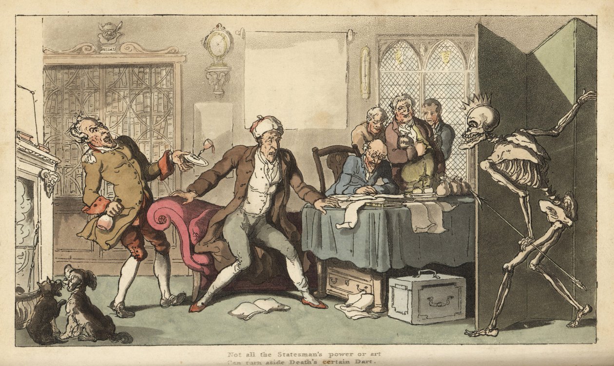 El estadista en su oficina es sorprendido por la figura esquelética de la Muerte con su corona y dardo emergiendo detrás de una pantalla. Grabado en cobre coloreado a mano dibujado y grabado por Thomas Rowlandson de The English Dance of Death, Ackermann, L de Thomas Rowlandson
