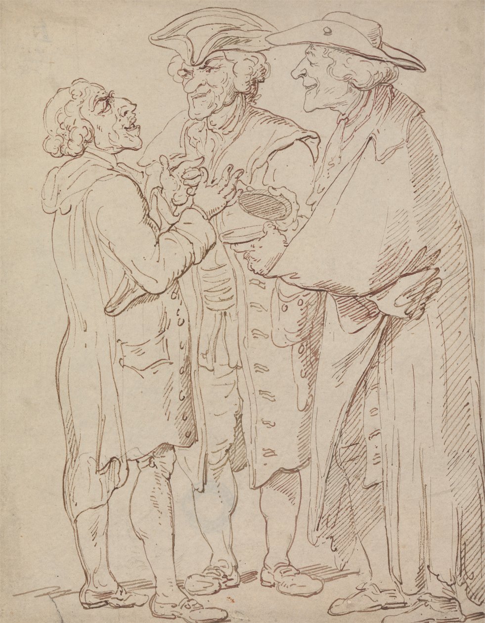 Tres figuras de cuerpo entero de hombres hablando de Thomas Rowlandson