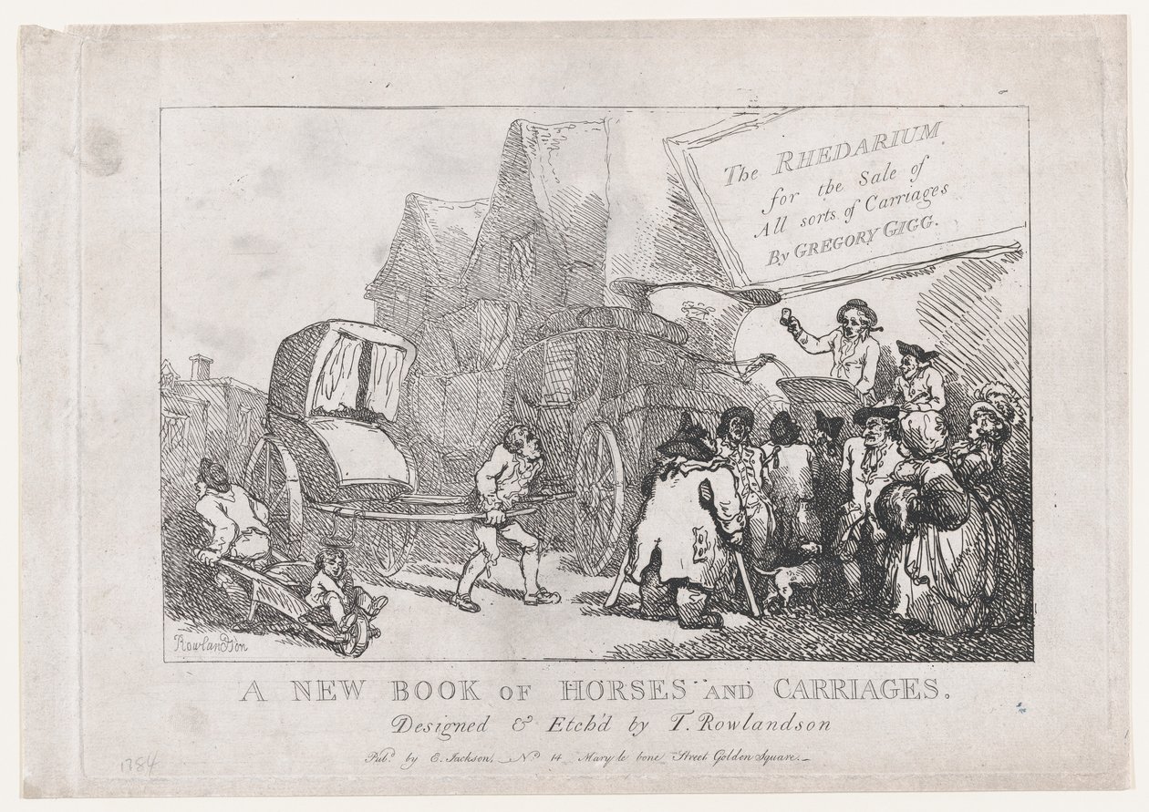 Página de título: Un nuevo libro de caballos y carruajes, o, El Rhedarium para la venta de todo tipo..., 1784 de Thomas Rowlandson
