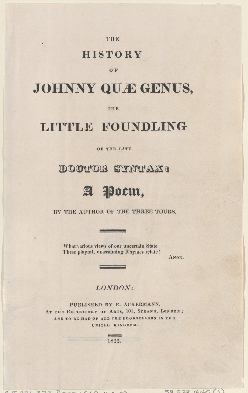 Página del título, de La historia de Johnny Quae Genus, el pequeño expósito del difunto doctor de Thomas Rowlandson