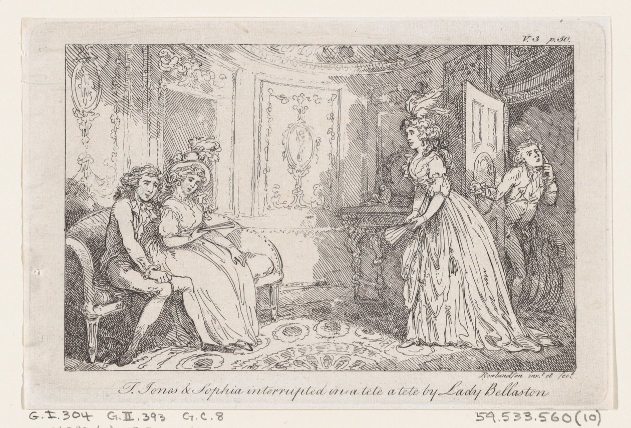 Tom Jones y Sophia interrumpidos en una conversación por Lady Bellaston, de La Historia de Tom Jones, 1792 de Thomas Rowlandson