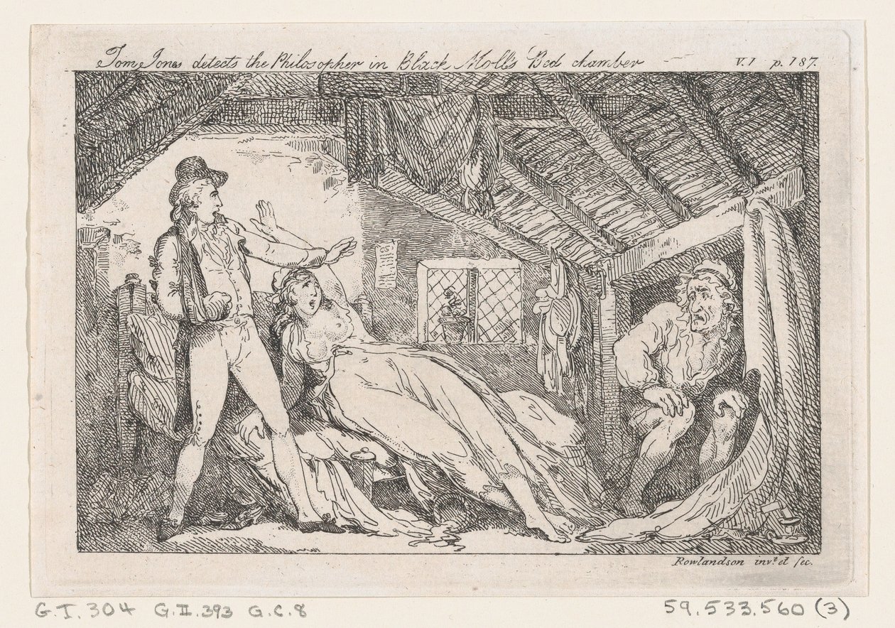 Tom Jones detecta al filósofo en la cámara de Black Moll, La historia de Tom Jones, 1792 de Thomas Rowlandson