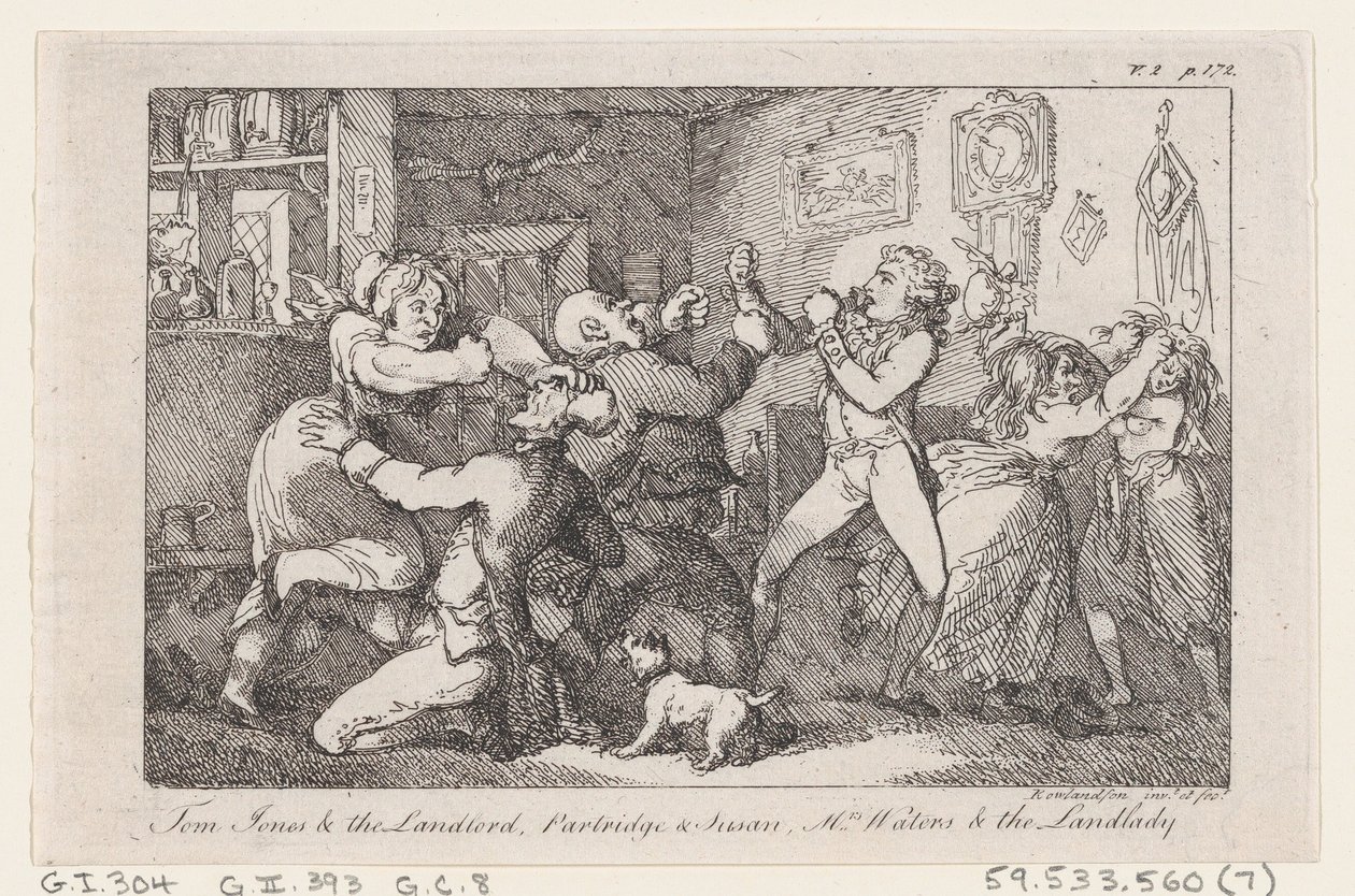 Tom Jones y el posadero, Partridge y Susan, la Sra. Waters y la posadera, de La historia, 1792 de Thomas Rowlandson
