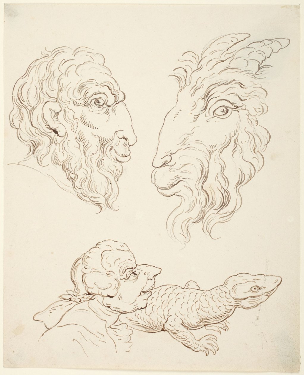 Dos caricaturas: un hombre y una cabra, un hombre y un lagarto de Thomas Rowlandson