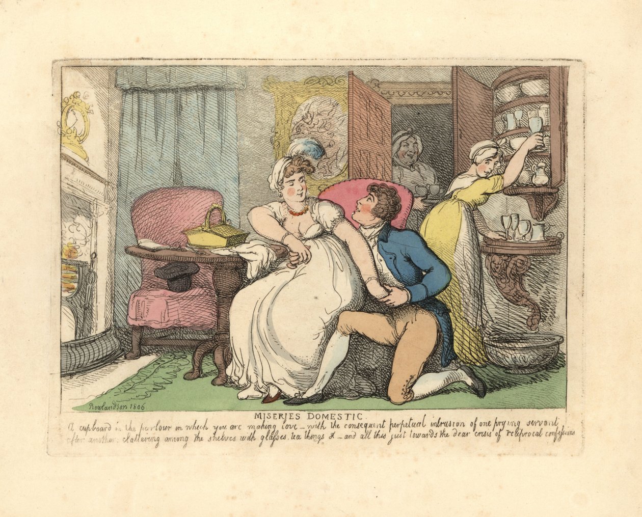 Dos amantes en un salón perturbados por sirvientas entrometidas de Thomas Rowlandson