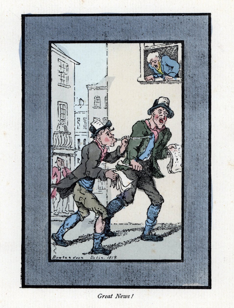 Dos vendedores de periódicos con largos silbatos vendiendo periódicos en una calle de Londres de Thomas Rowlandson