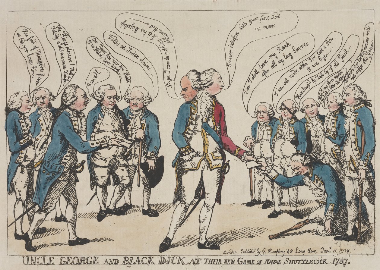 El tío George y Black Dick en su nueva partida de «volante naval» de Thomas Rowlandson