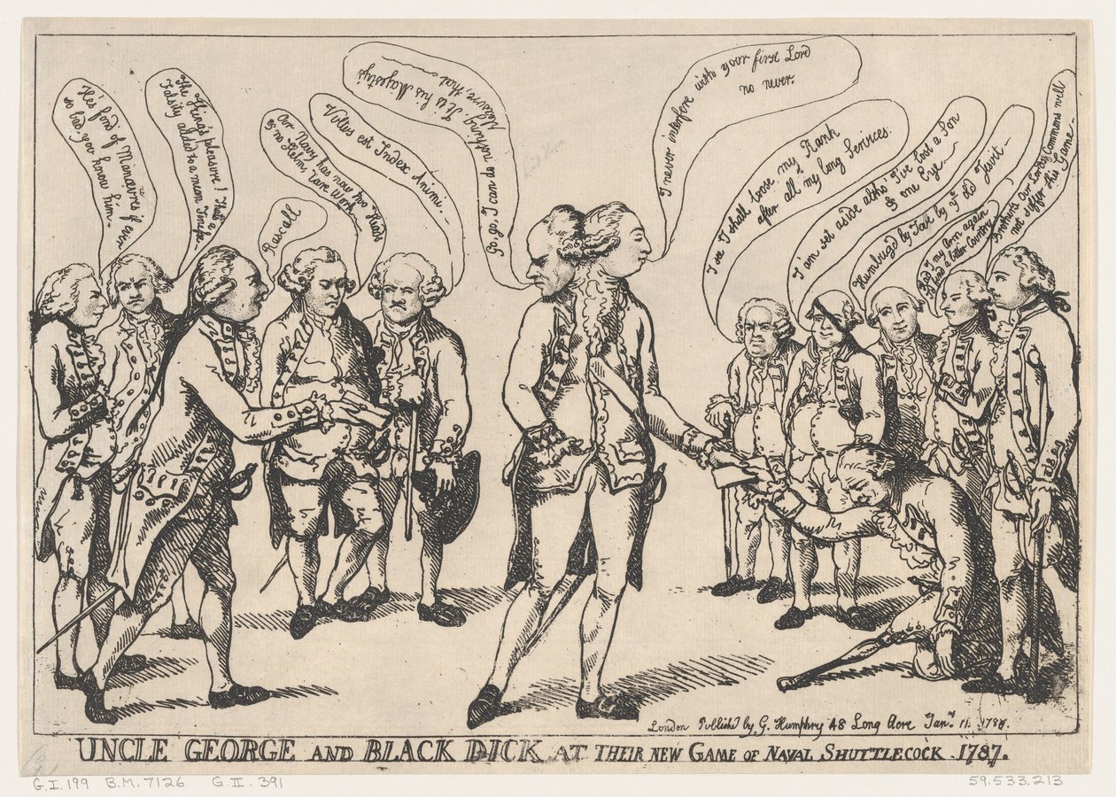Tío George y Black Dick en su Nuevo Juego de Bádminton Naval de Thomas Rowlandson