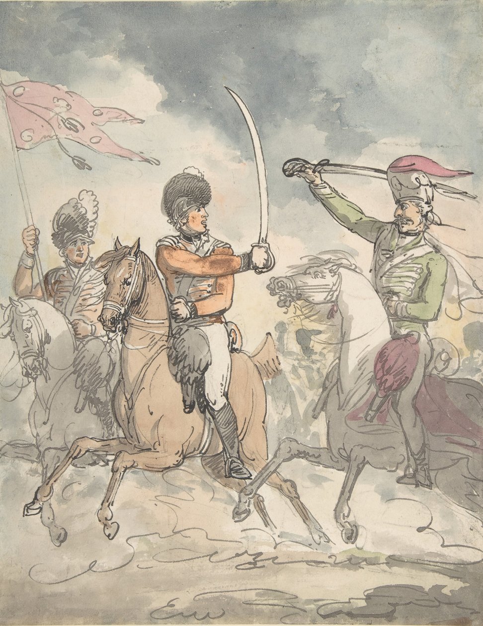 Estudio no utilizado para una placa del Ejercicio de Espada Húngara y de las Tierras Altas, 12 de febrero de 1799 de Thomas Rowlandson.