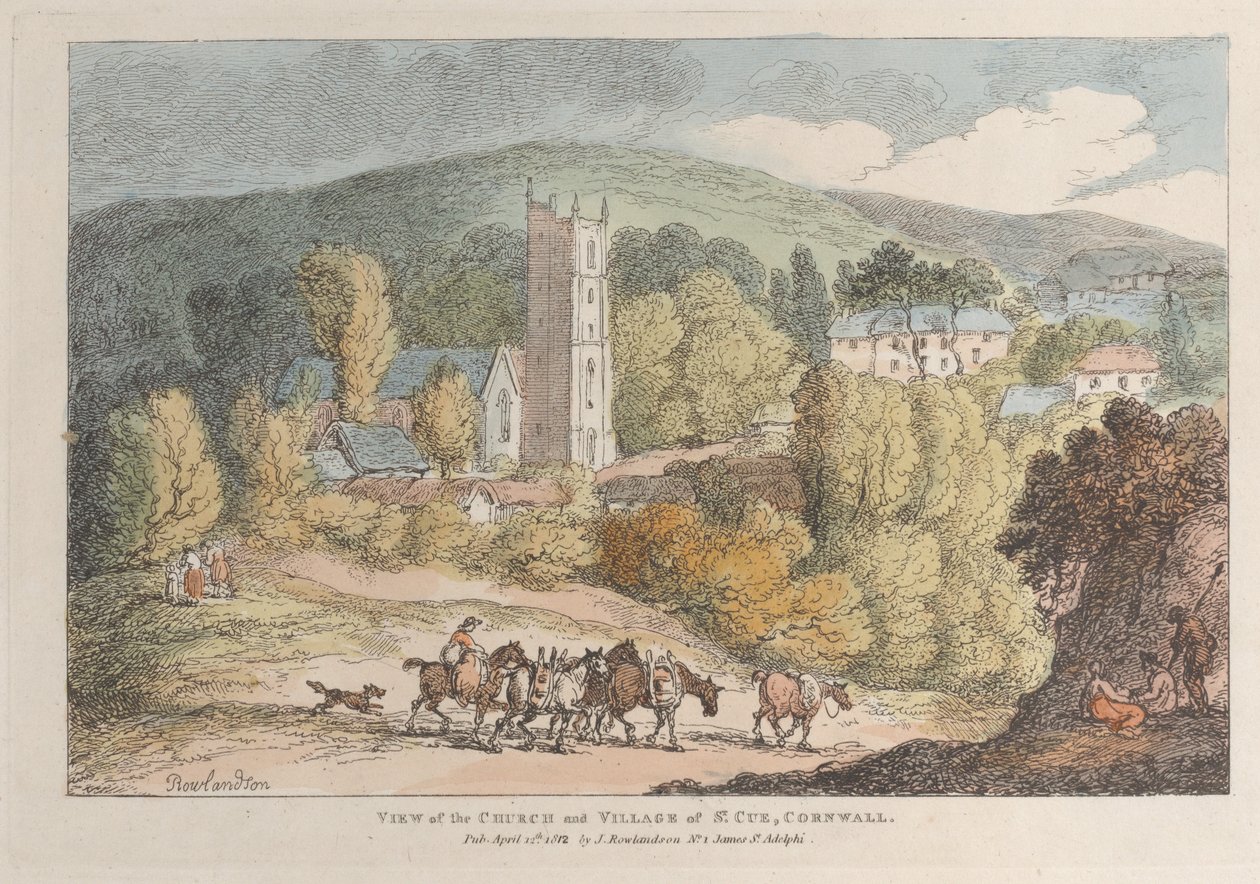 Vista de la iglesia y el pueblo de St. Cue, Cornualles, de Vistas en Cornualles de Thomas Rowlandson