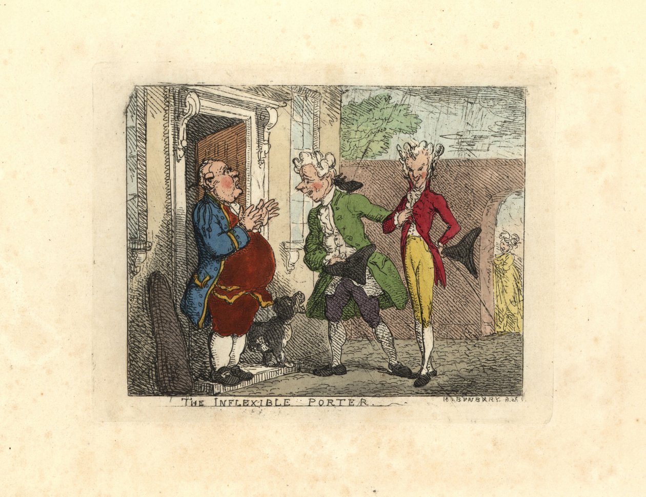 Caballeros visitantes rechazados en la entrada de una casa por un sirviente de Thomas Rowlandson