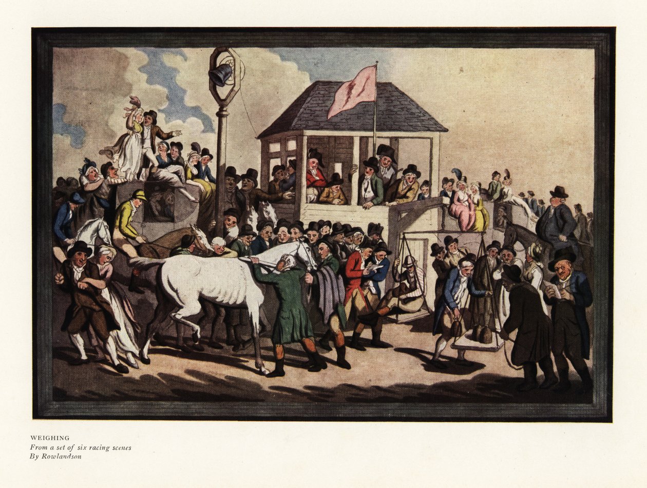 Pesando a un jockey en una balanza en una pista de carreras de Thomas Rowlandson