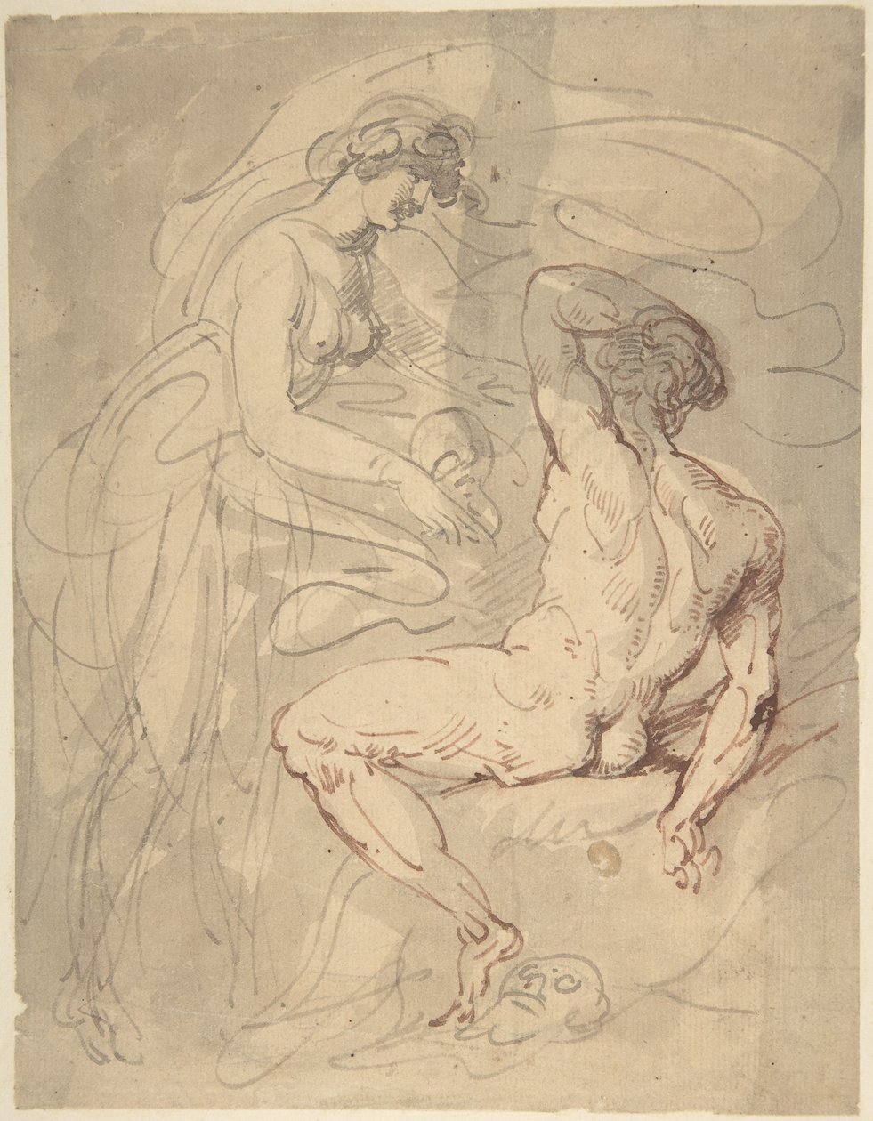 Mujer hablando con un hombre desnudo sentado de Thomas Rowlandson