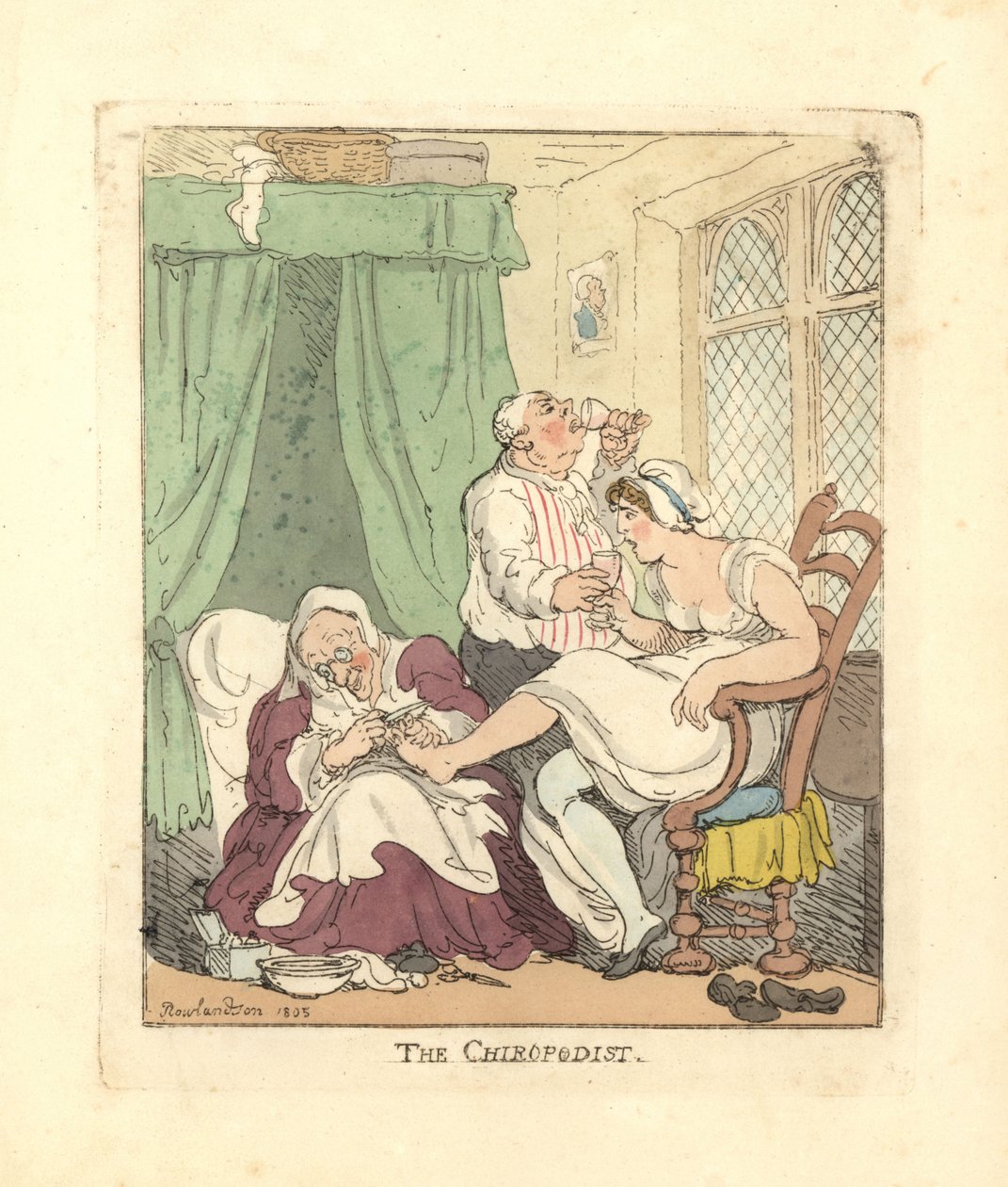 Mujer recibiendo un tratamiento doloroso en los pies por un quiropodista de Thomas Rowlandson