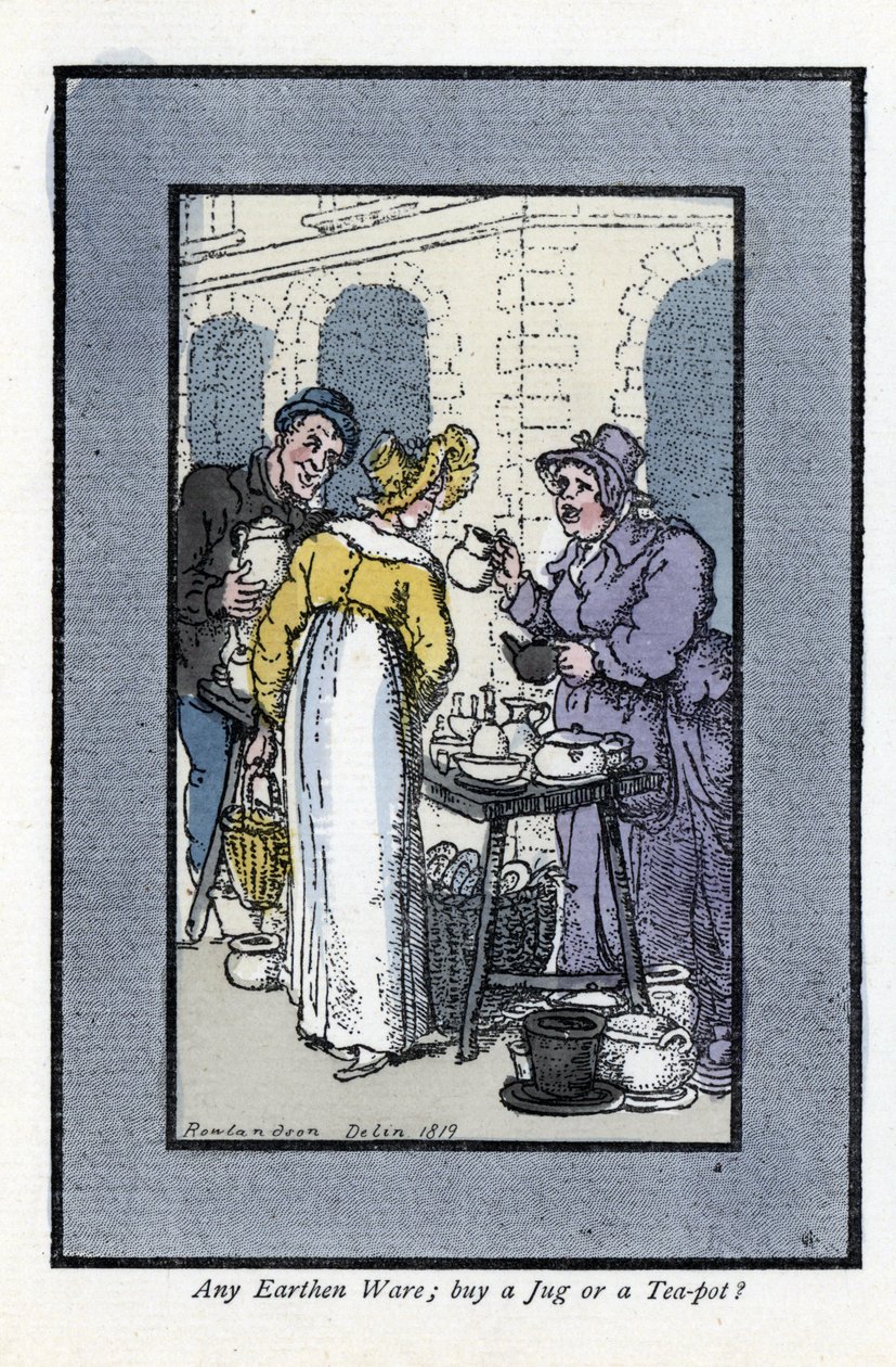 Mujer vendiendo jarras, teteras y cuencos en una esquina. Una joven elegante mira los productos. Grabado en madera, basado en una pintura de Thomas Rowlandson (1756-1827), publicado en The Cris of London: con seis encantadores niños y casi 40 ilustraciones de Thomas Rowlandson