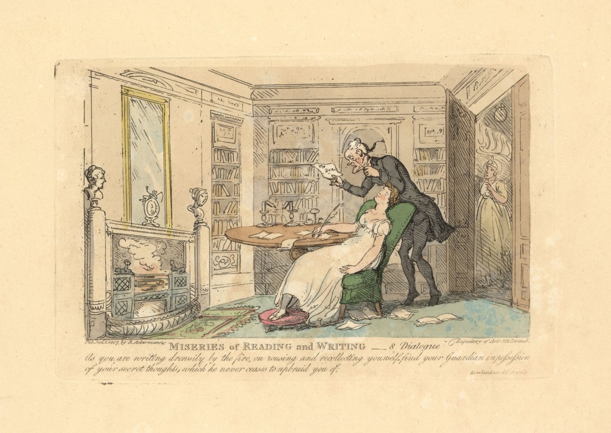 Mujer durmiendo en un escritorio mientras un hombre lee sus pensamientos secretos de Thomas Rowlandson