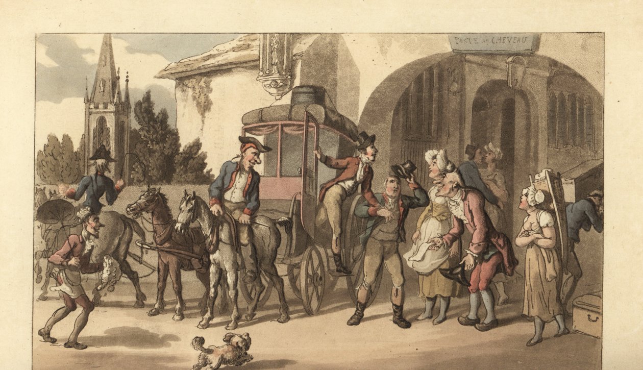 Joven caballero inglés llegando a una casa de correos francesa de Thomas Rowlandson