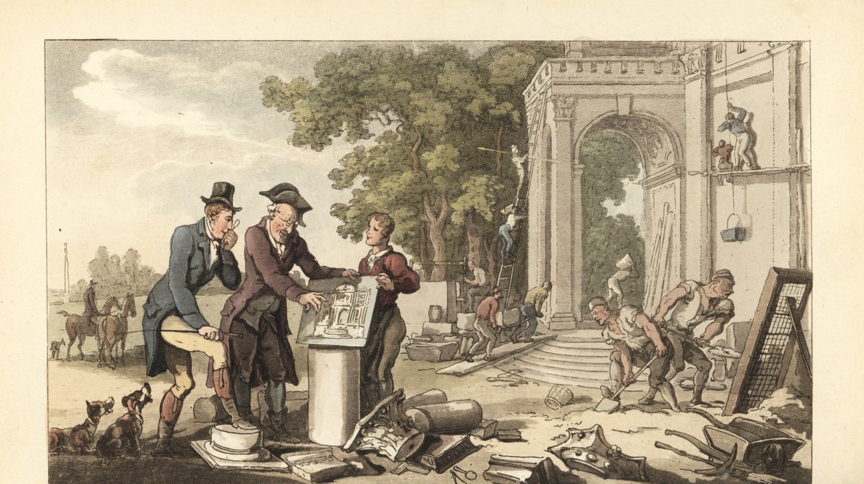 Joven caballero inglés construyendo una casa señorial de Thomas Rowlandson