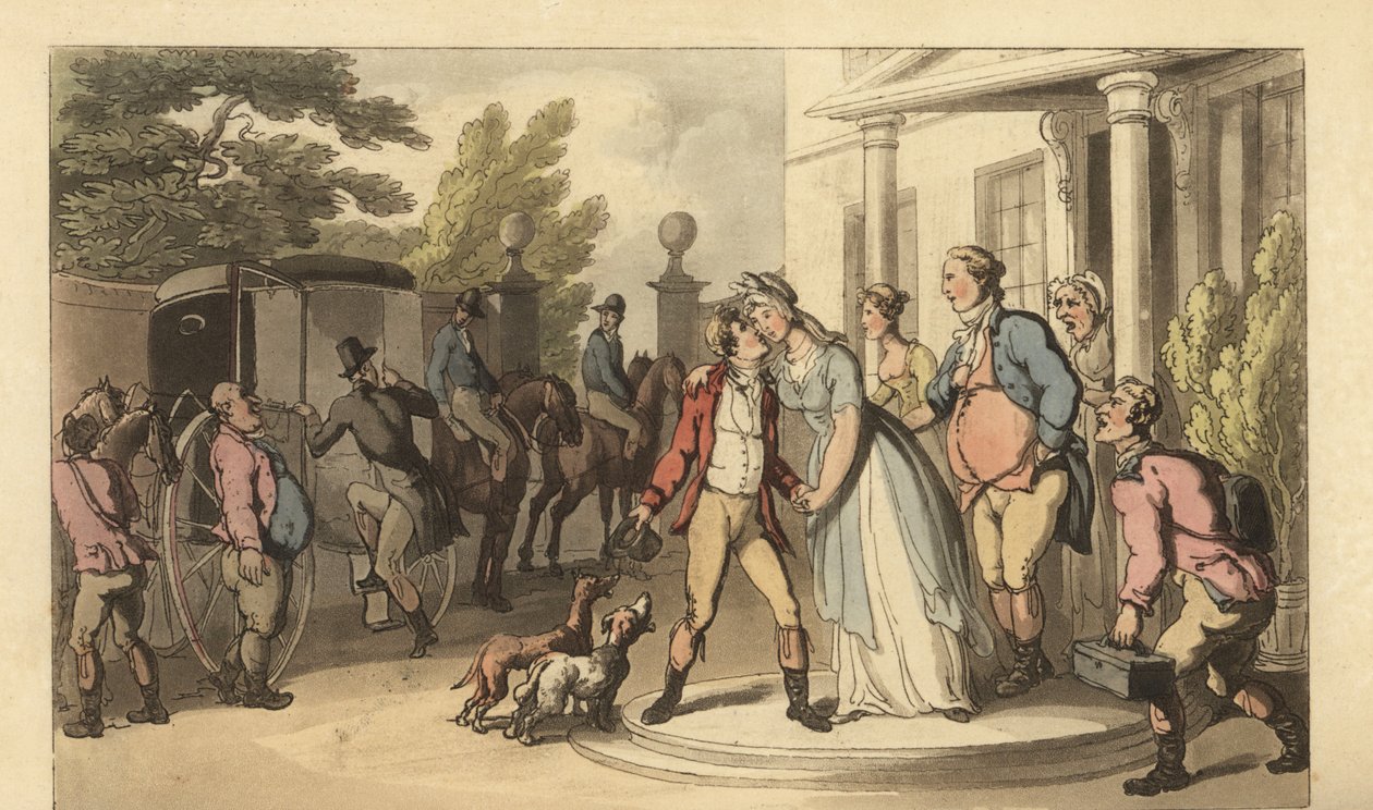 Joven caballero inglés dejando a su familia para irse de Gran Tour de Thomas Rowlandson