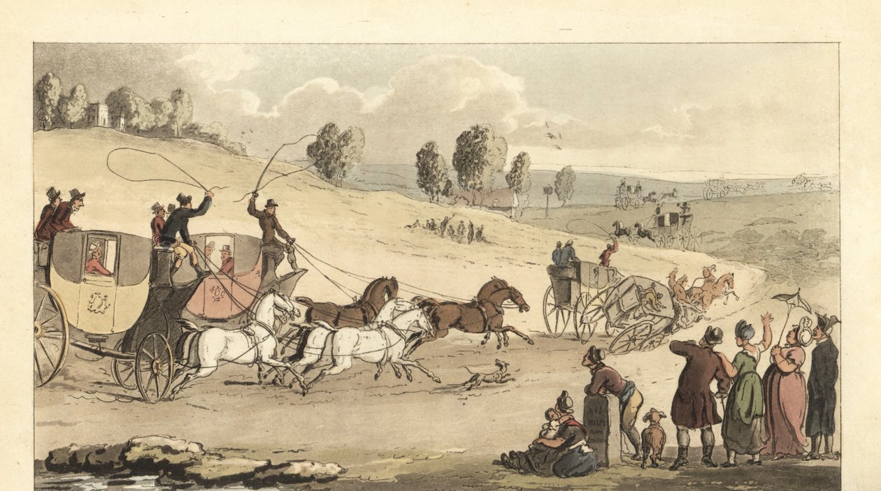 Jóvenes caballeros ingleses corriendo carruajes de cuatro caballos en una carretera de Thomas Rowlandson