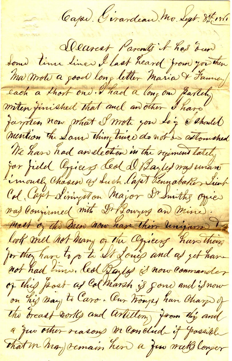 Carta firmada T.S. Hawley, Cape Girardeau, Missouri, a padres, 8 de septiembre de 1861 de Thomas S. Hawley