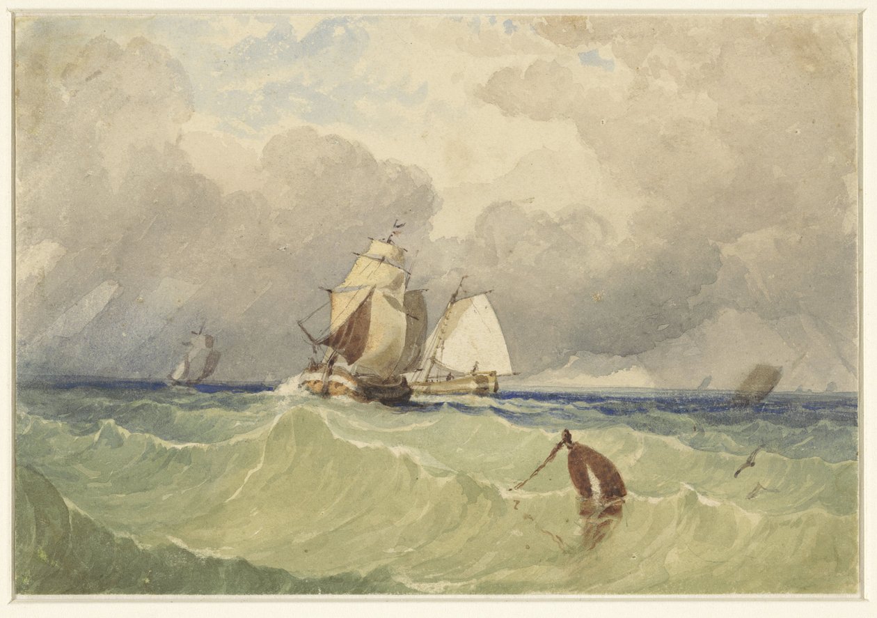 Tres maestros y tjalk navegando en alta mar de Thomas Sewell Robins