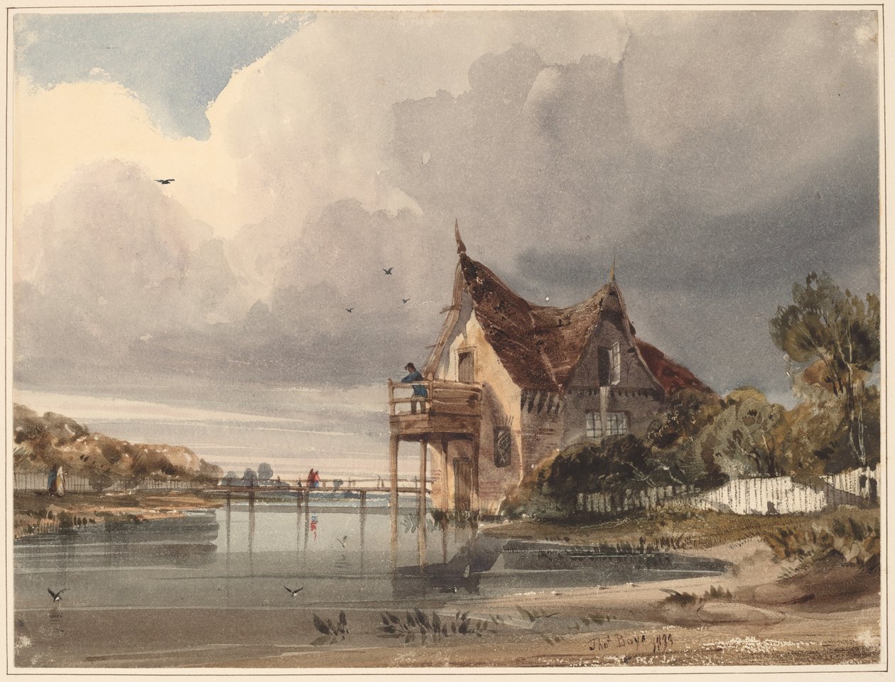 Un Río y una Cabaña con Valla Blanca de Thomas Shotter Boys
