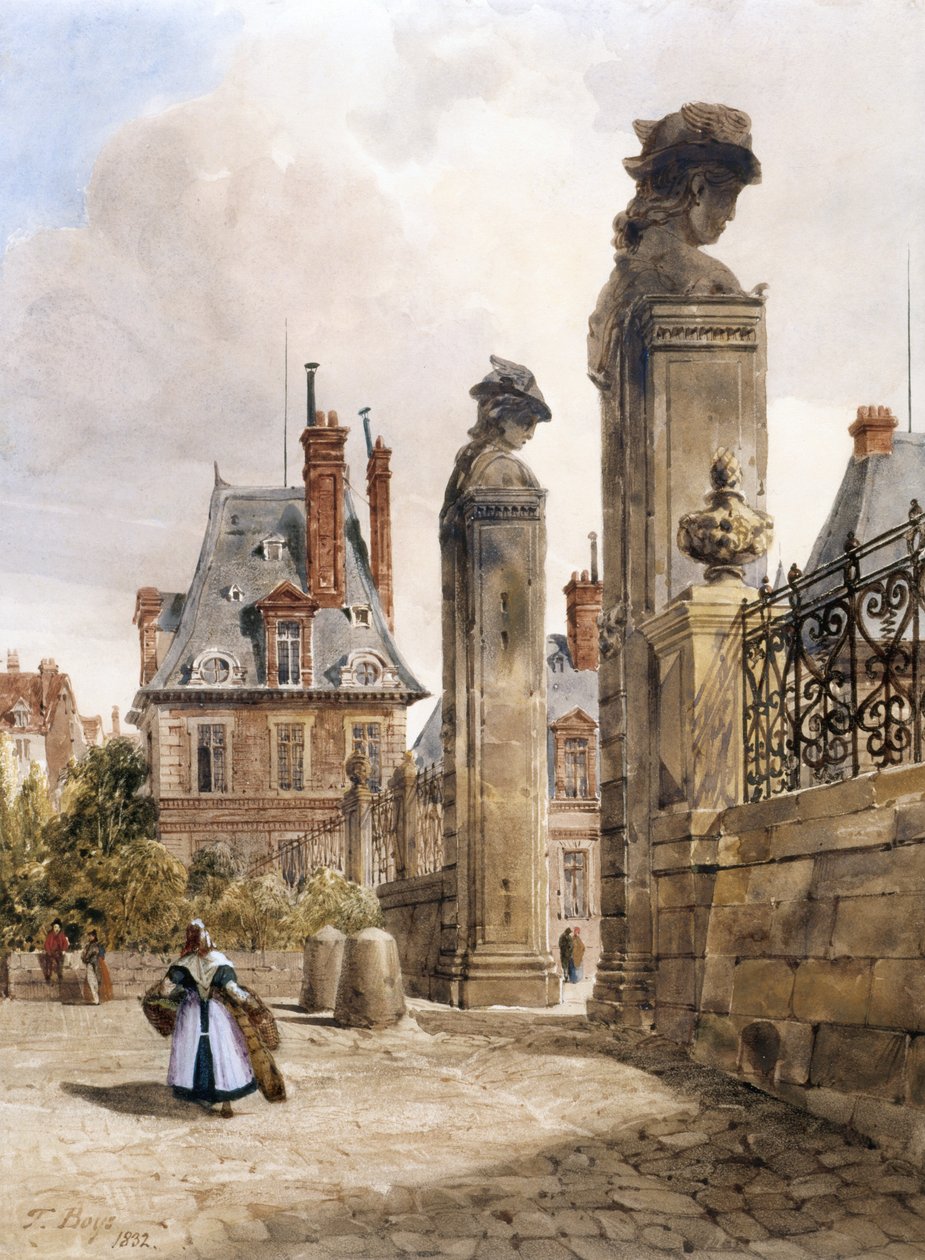 Grille Des Hermès, Porte Dauphine, Palacio de Fontainebleau (acuarela con toques de goma arábiga sobre papel blanco) de Thomas Shotter Boys