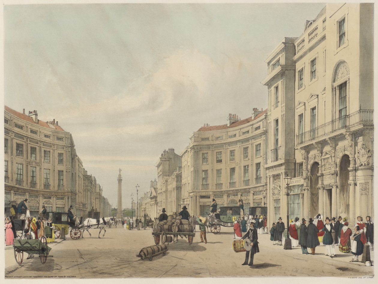 Londres tal como es: Regent Street, mirando hacia la Columna del Duque de York de Thomas Shotter Boys