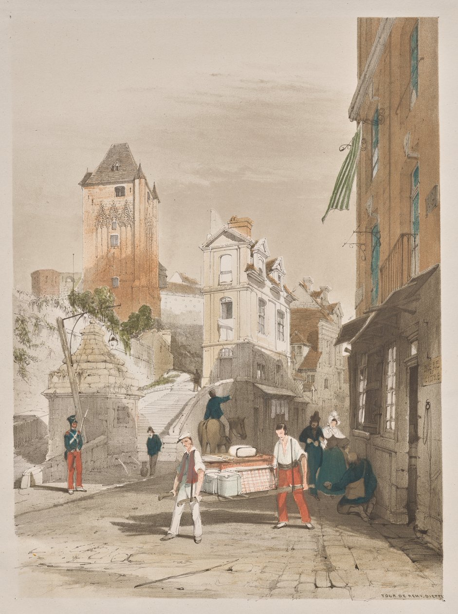 Arquitectura pintoresca en París, Gante, Amberes, Ruan: Torre de Remy, Dieppe, Francia de Thomas Shotter Boys