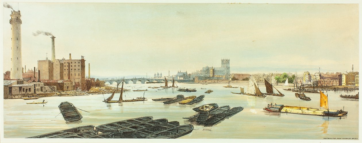 Westminster, desde el Puente de Waterloo, lámina diecinueve de Vistas originales de Londres tal como es de Thomas Shotter Boys