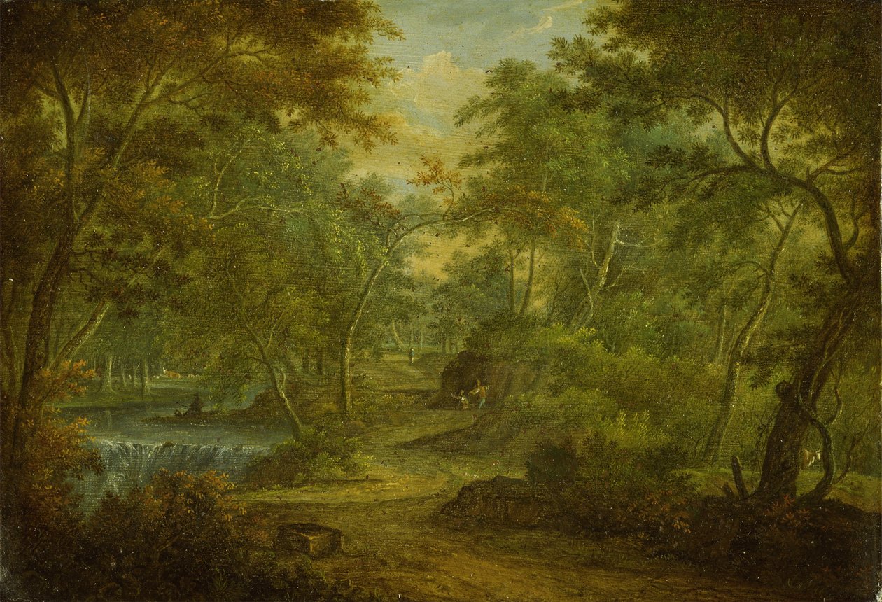Paisaje boscoso con un arroyo y un pescador de Thomas Smith of Derby