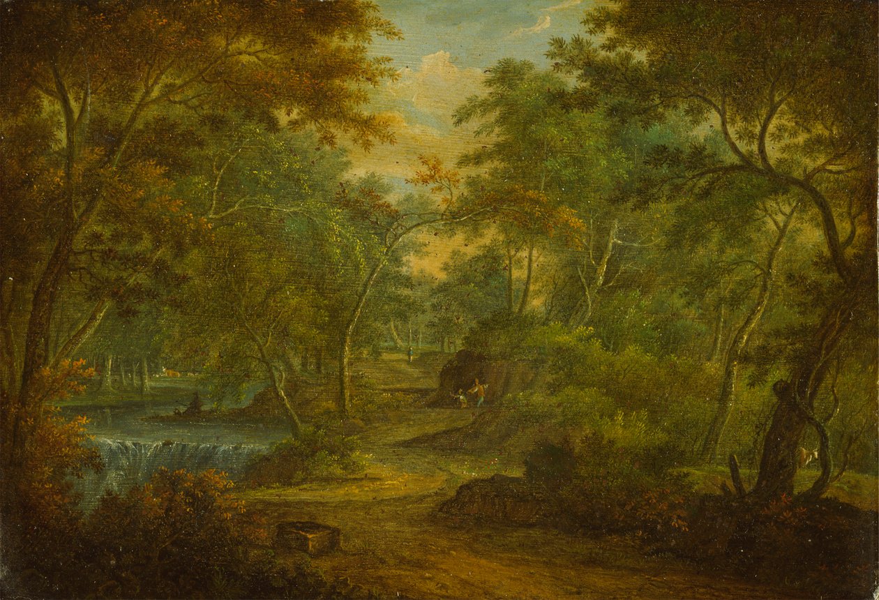Un paisaje boscoso con un arroyo y un pescador de Thomas Smith of Derby
