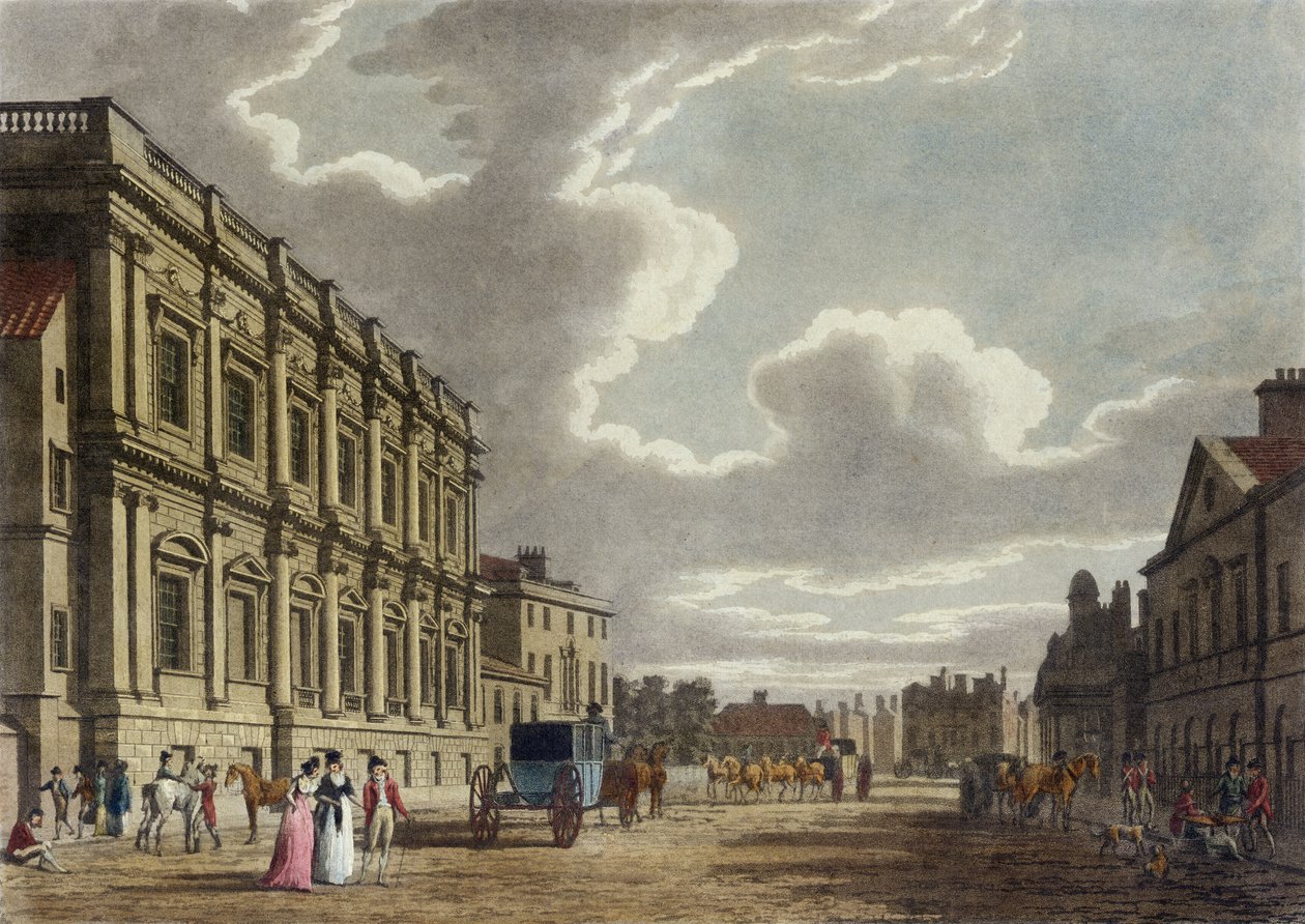 Whitehall, Westminster en Londres (aguatinta coloreada) de Thomas Snr. Malton