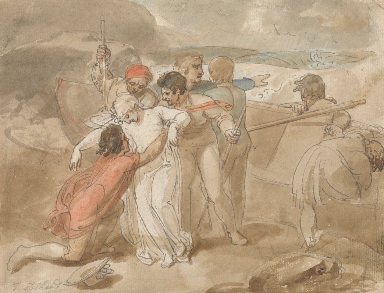 Una mujer rescatada del mar y asistida en tierra, con un bote de remos y rescatadores al fondo. de Thomas Stothard