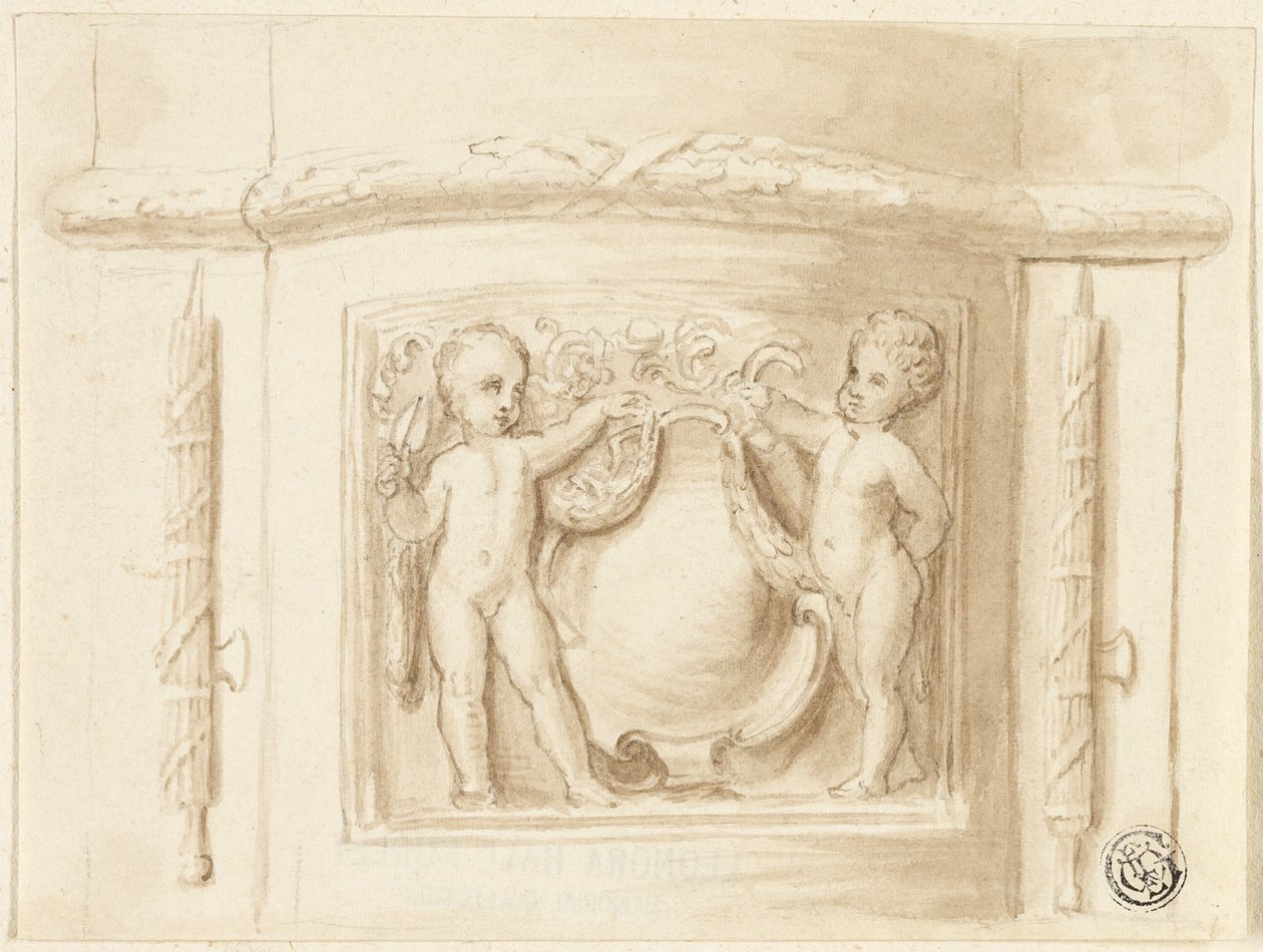 Base de pilastra con relieve, con 2 putti, escudo de Thomas Stothard