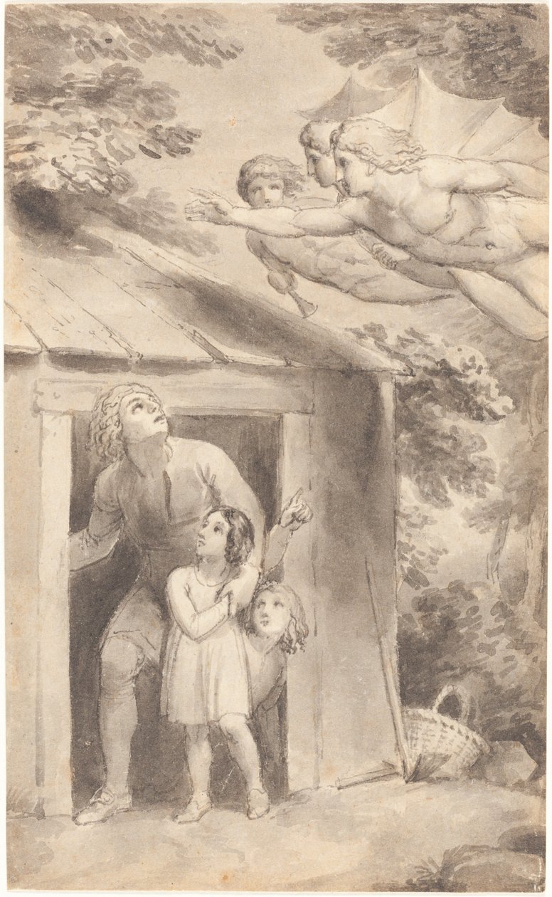 Pedro y sus hijos visitados por tres figuras voladoras de Thomas Stothard