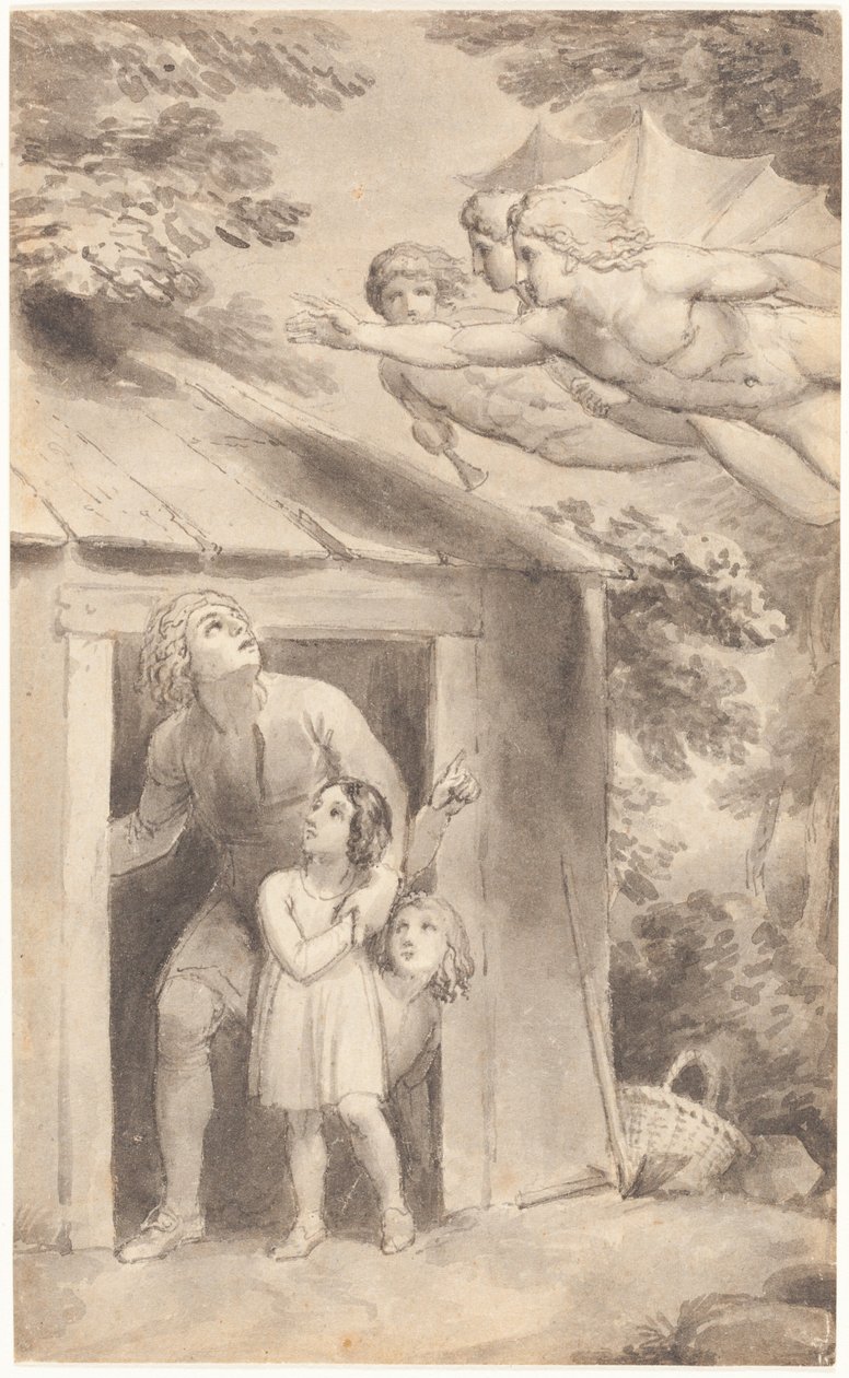 Pedro y sus hijos visitados por tres figuras voladoras de Thomas Stothard